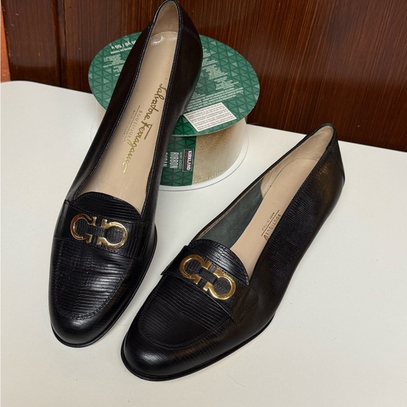 Salvatore Ferragamo Shoes - Salvatore Ferragamo Black With Gold tone logo Loafers